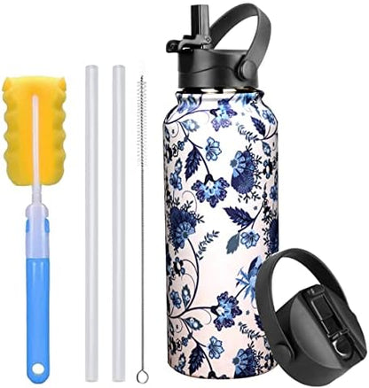  40 Oz Stainless Steel Water Bottle, Insulated Double Wall Vacuum Leak Proof Water Flask, Metal Thermo Canteen Mug —Wide Mouth With 2 Straw Lids