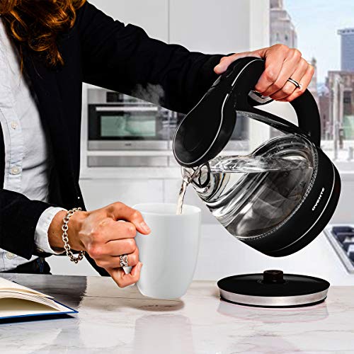  Vente Portable Electric Glass Kettle 1.5 Liter With Blue LED Light And Stainless Steel Base, Fast Heating Countertop Tea Maker Hot Water Boiler With Auto Shut-Off & Boil Dry Protection (Black)