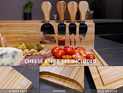  HOP & STICK Cutting Board And Cheese Knife Set With Magnetic Knife Holder - XXL 18'' X 12'' X 1'' Inch Bamboo Charcuterie Board Set, Multifunctional Board