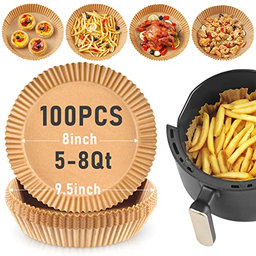  Air Fryer Liners Disposable 100pcs Air Fryer Parchment Paper 8 Inch (Fit 5-8 Qt) Non-Stick Oil Paper For Air Frying, Baking, Microwave Oven Baking