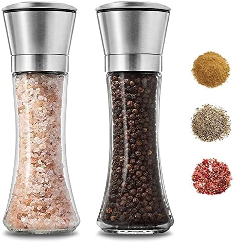  Salt And Pepper Shakers Grinders Refillable Stainless Steel, Adjustable Coarseness Mills Glass Material To Refill Sea Salt,Small Peppercorn,Black Pepper (single Package)