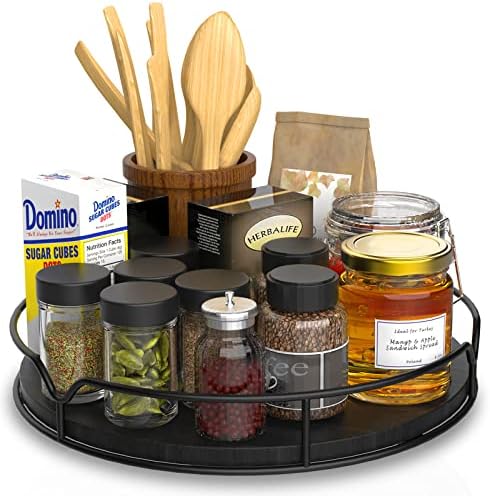  Lazy Susan Turntable Organizer For Cabinet Pantry Kitchen Countertop Refrigerator Cupboard, Pine Wood, 9", Carbonized Black