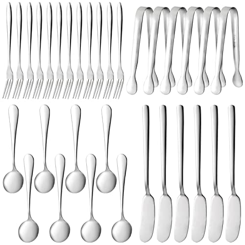  32 Pieces Cheese Butter Spreader Knives Set, Charcuterie Accessories Stainless Steel Cheese Spreader Knives, Mini Serving Tongs, Spoons And Forks For Butter Cheese Jam Appetizer Pastry Making
