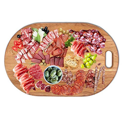  American Oak Wood Oversized Serving Board 20.5" X 13" | Extra Large Charcuterie Board | Cheese Board With Handle For Serving Cheeses, Meats, Crackers, And Wine | Unique Gift (Oval Cutting Board)