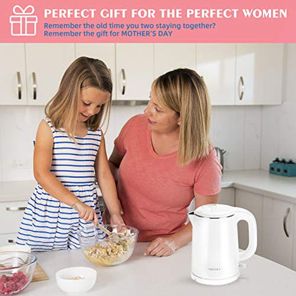  Stainless Steel Double Wall Electric Kettle Water Heater For Tea Coffee W/Auto Shut-Off And Boil-Dry Protection, 1.0L (White)