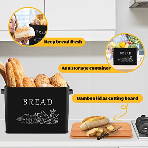  Bread Box For Kitchen Countertop, Metal Bread Storage Container Bin With Bamboo Lid For Cutting Bread, Extra Large & Farmhouse Style, 13” X 7.2” X9.8”, Black