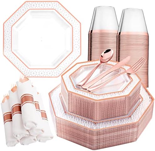  210PCS Gold Plastic Plates, Gold Disposable Dinnerware Set Includes 60 Gold & White Plates With Floral Design,30 Gold Plastic Silverware,30 Per Rolled Napkins,30 Gold Rim Cups For Mother's Day
