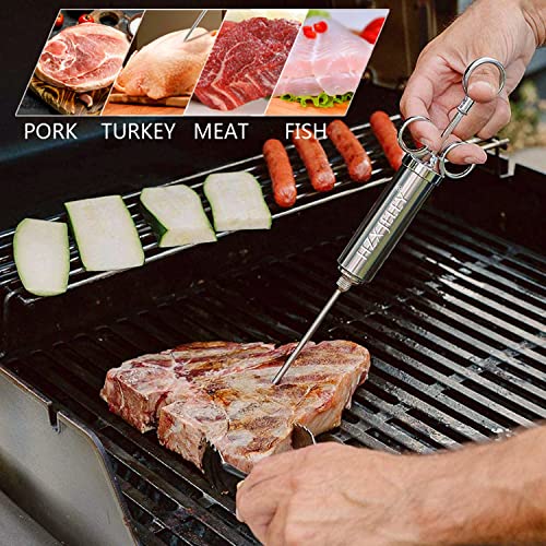  Meat Injector,HZX JELEY Turkey Injector Syringe Kit Marinade Flavors Seasoning,Meat BBQ Injectors For Smoking,2-OZ Large Capacity,With 3 Professional Needles,3 Cleaning Brushes,1 Butter Brushe