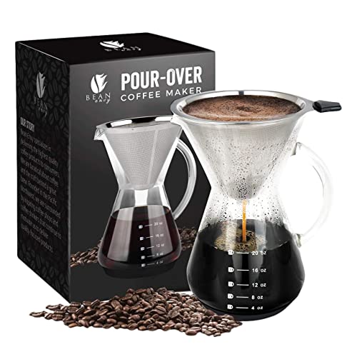  Pour Over Coffee Maker - 5 Cup Borosilicate Glass Carafe - Rust Resistant Stainless Steel Paperless Filter/Dripper - Includes Custom Silicone Sleeve