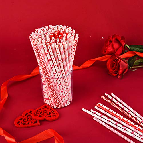  200 Pieces Valentines Straws Valentines Paper Straws Heart Drinking Straws Heart Striped Paper Straws Decorative Holiday Straws For Valentine's Day Wedding Party Supplies, 8 Styles
