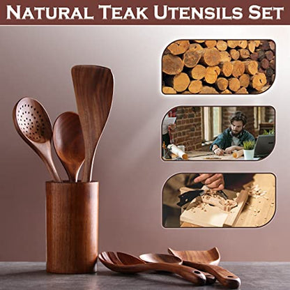  Wooden Spoons For Cooking, 6 Pcs Wooden Utensils For Cooking, Natural Teak Wood Non-Stick Cooking Spoons, Comfort Grip Wood Utensils Set For Kitchen