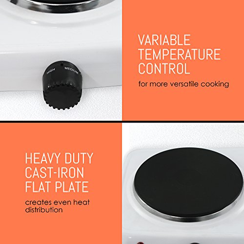  Cuisine EDB-302F Double Countertop Portable Buffet Burner Electric Hot Plate, Dual Temperature Controls, Flat Cast Iron Heating Plates, Power Indicator Lights, Easy To Clean, 1440 Watts, White