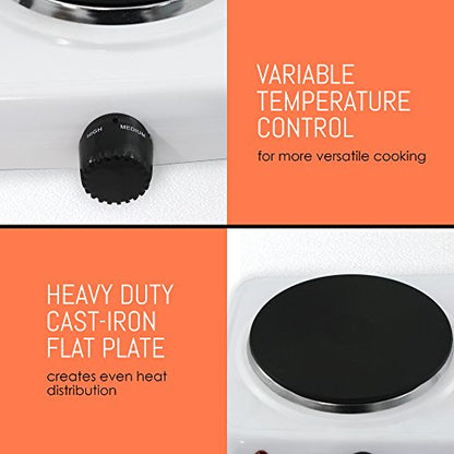  Cuisine EDB-302F Double Countertop Portable Buffet Burner Electric Hot Plate, Dual Temperature Controls, Flat Cast Iron Heating Plates, Power Indicator Lights, Easy To Clean, 1440 Watts, White