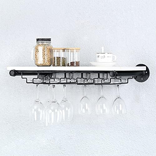 Industrial Pipe Shelving Hanging Stemware Racks,Rustic Wall Mounted Wine Rack With 8 Glass Holder,Steampunk Iron Floating Bar Shelves Stemware Holder,36in Metal Real Wood Shelf Wall Shelf