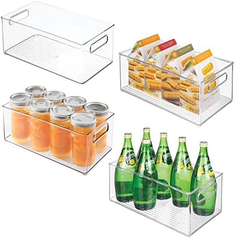  MDesign Plastic Stackable Kitchen Organizer - Storage Bin With Handles For Refrigerator, Freezer, Cabinet, And Pantry Shelves Organization - Food Container - Ligne Collection - 4 Pack - White