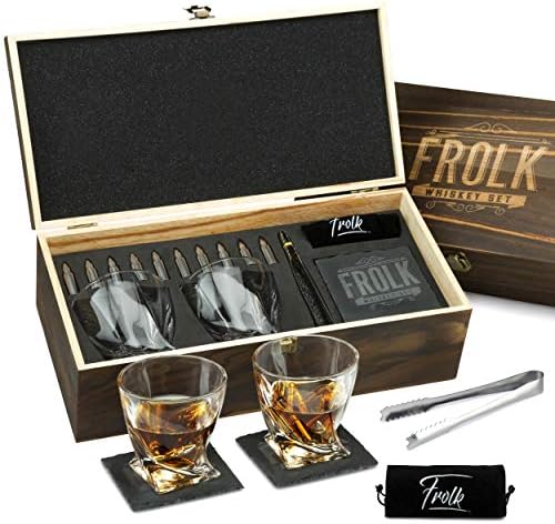  Whiskey Bullet Shaped Stones Gift Set For Men - 10 Bullets Chilling Stainless-Steel Whiskey Rocks - 11oz 2 Large Twisted Whiskey Glasses, Slate Coasters, Tongs - Premium Set In Pine Wood Box