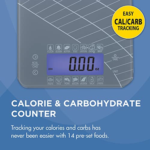  Digital Kitchen Food Scale With Calorie & Carb Calculator Tempered Glass | Precision Measurements | Unit Conversions: Oz, Lbs, G, Ml | 14 Pre-Set Foods, Gray (59-106)