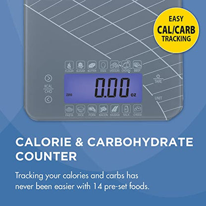  Digital Kitchen Food Scale With Calorie & Carb Calculator Tempered Glass | Precision Measurements | Unit Conversions: Oz, Lbs, G, Ml | 14 Pre-Set Foods, Gray (59-106)