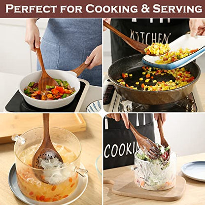  Wooden Spoons For Cooking, 6 Pcs Wooden Utensils For Cooking, Natural Teak Wood Non-Stick Cooking Spoons, Comfort Grip Wood Utensils Set For Kitchen