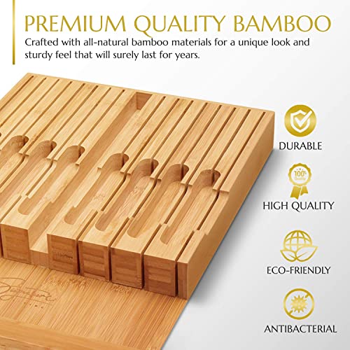  Knife Drawer Organizer Insert For 16 Knives And Knife Sharpener (17” X 11.5” X 2”) In-Drawer Knife Block Without Knives, Easy And Safe Storage - Durable Natural Bamboo