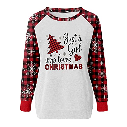  Womens Causal Loose Crewneck Cute Crew Neck Sweatshirts Long Sleeve Christmas Print Plus Size Pullover Top Fall Clothes