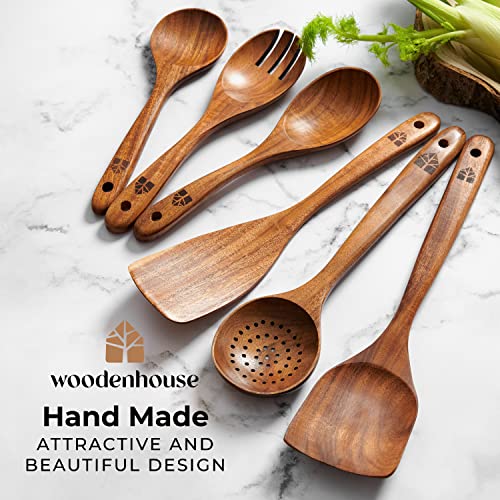  Ooden Spoons For Cooking -Wooden Kitchen Utensils Set, 6 Pcs Teak Wood Utensil Set - Comfortable Grip Non-Stick Wooden Cooking Utensils - Nonstick Natural And Healthy Kitchen Cookware