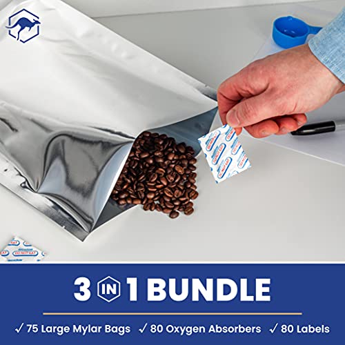  75x Wallaby 1-Gallon Mylar Bag Bundle - (5 Mil - 10" X 14") Mylar Bags, 80x 400cc Oxygen Absorbers, 80x Labels - Heat Sealable, Food Safe, & Reliable Long Term-Food Storage Solutions - Silver