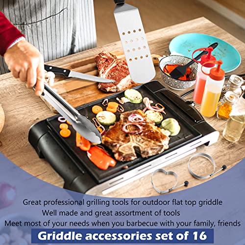  Griddle Accessories Kit Of 16, HaSteeL Stainless Steel Teppanyaki Tools For Flat Top Grill Hibachi Camping BBQ, Heavy Duty Metal Spatulas, Chopper, Steak Knives, Bottles, Carrying Bag, Easy To Clean
