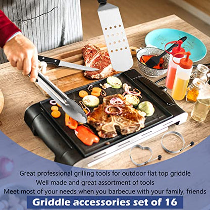  Griddle Accessories Kit Of 16, HaSteeL Stainless Steel Teppanyaki Tools For Flat Top Grill Hibachi Camping BBQ, Heavy Duty Metal Spatulas, Chopper, Steak Knives, Bottles, Carrying Bag, Easy To Clean