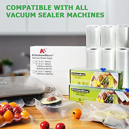  Vacuum Sealer Rolls Bag, 6 Pack 8"x16.5' And 11"x16.5' Food Vacuum Save Bag Rolls With Cutter Box,100 Feet Sous Vide Roll Bag,By KitchenBoss