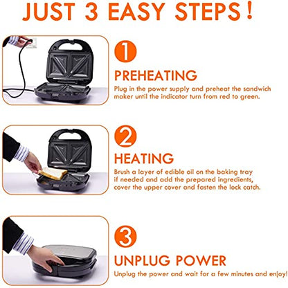  Sandwich Maker, Panini Press Grill, 750W 3 In 1 Detachable Non-Stick Coating, LED Indicator Lights