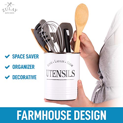  Large Utensil Crock Storage Organizer - Kitchen Utensil Holder For Countertop With Padded Base - Large Utensil Holder With Rustic Farmhouse Design For Home & Kitchen Decor (White)