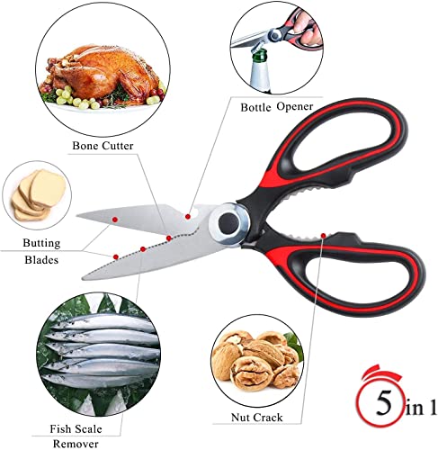  All Purpose Kitchen Shears With Protective Sheath (Red) - Sharp Professional Heavy Duty Multi-function Kitchen Scissors For Household Necessity - Chicken/Poultry/Fish/Meat/Vegetables