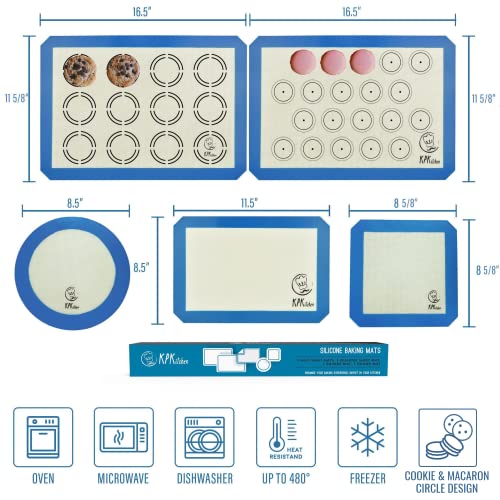  Silicone Baking Mat Set Of 5-2 Half Sheets (Macaron & Cookie Circle On Mat) + 1 Quarter + 1 Round & 1 Square Size Silicone Baking Sheet - Nonstick & Easy To Clean - 100% Silicone Mats For Baking