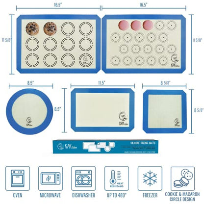  Silicone Baking Mat Set Of 5-2 Half Sheets (Macaron & Cookie Circle On Mat) + 1 Quarter + 1 Round & 1 Square Size Silicone Baking Sheet - Nonstick & Easy To Clean - 100% Silicone Mats For Baking