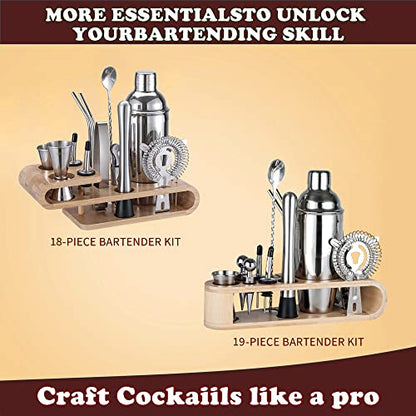  Bartender Kit Cocktail Shaker With Stylish Bamboo Stand,18-Piece Bar Tool Set With Recipes Booklet,Home Drink Mixer Set