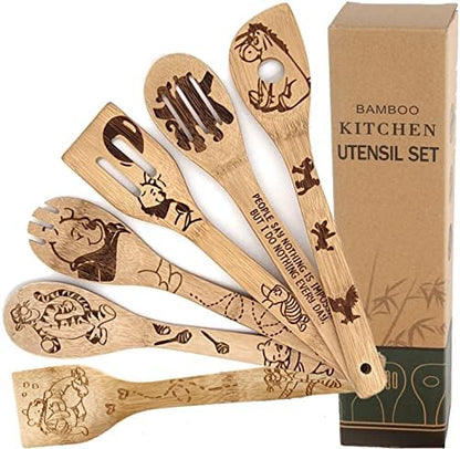 GENERIC Bejky 6-Pcs Wooden Bamboo Spoons Set - Organic Food Cooking Utensils Kitchen Accessories & Home Decor Cookware Gifts For Women Easy Wash Spatulas 3D Engraved Patterns (Magical Wizard Style), 12-''