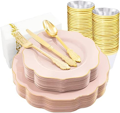  175PCS Pink Plastic Plates With Gold Disposable Silverware-Include 50 Plates 25Knives 25Forks 25Spoons 25Cups And 25Napkins-Ideal For Wedding, Party, Shower&Mother’s Day