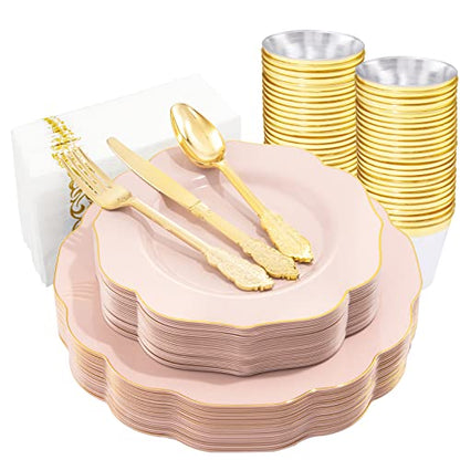  175PCS Pink Plastic Plates With Gold Disposable Silverware-Include 50 Plates 25Knives 25Forks 25Spoons 25Cups And 25Napkins-Ideal For Wedding, Party, Shower&Mother’s Day