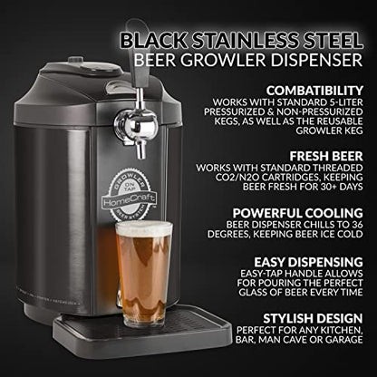  Homecraft Black Stainless Steel Easy-Dispensing Tap Beer Cooling System Kegerator, Includes Reusable Growler, CO2 Cartridges, Removable Drip Tray & Cleaning Kit, Fresh For 30 Days