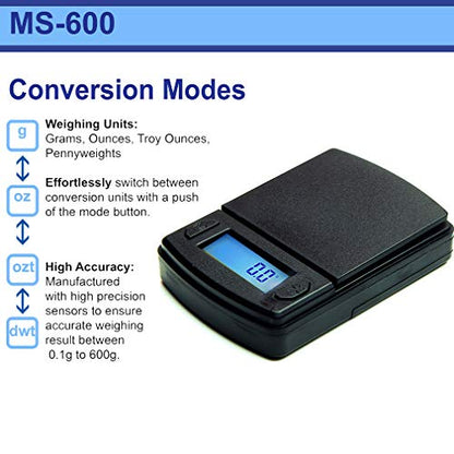  Merican Weigh Scales Fast Weigh MS Series Precision Digital Pocket Weight Scale, 600G X 0.1G (MS-600-BLK)