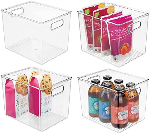  MDesign Plastic Stackable Kitchen Organizer - Storage Bin With Handles For Refrigerator, Freezer, Cabinet, And Pantry Shelves Organization - Food Container - Ligne Collection - 4 Pack - White