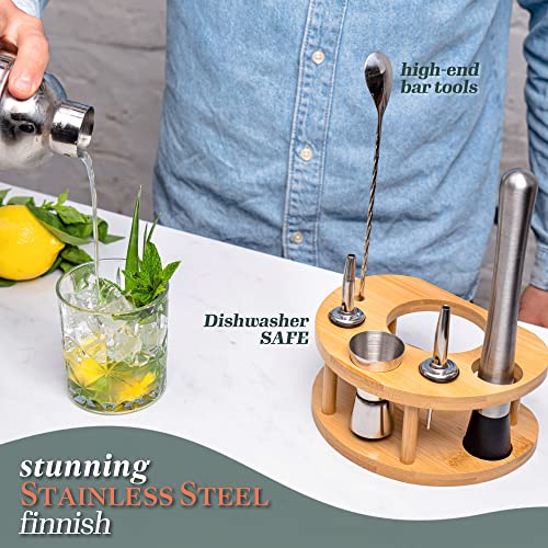  Mixology Bartender Kit Cocktail Shaker Set By Barillio: Drink Mixer Set With Bar Tools, Bamboo Stand Cocktail Mixer Mixing Spoon Mojito Muddler Jigger Liquor Pourers Recipes Booklet