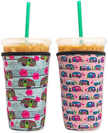  Axendale And Co Reusable Neoprene Insulator Sleeves For Large Sized Iced Coffee And Cold Drink Cups (2 PK Large 32oz, Black Smooth)