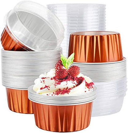  Disposable Ramekins, Gold 50pcs 5oz Mini Aluminium Foil Baking Cups With Lids Creme Brulee Cupcake Liners, Desert Cheesecake Pans Flan Molds Tin Cups Containers For Party Favor Birthday