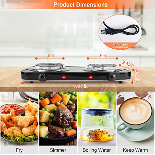  Hot Plate, 2000W Portable Electric Double Coil Burner With Dual Control & 5 Level Temperature Control, Easy To Clean, Lightweight Stainless Steel Countertop Stove For Kitchen Dorm Camping,110V
