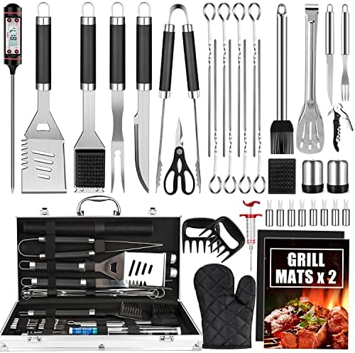  BBQ Grill Accessories Set, 38Pcs Stainless Steel Grill Tools Grilling Accessories With Aluminum Case, Thermometer, Grill Mats For Camping/Backyard Barbecue, Grill Utensils Set For Men Women