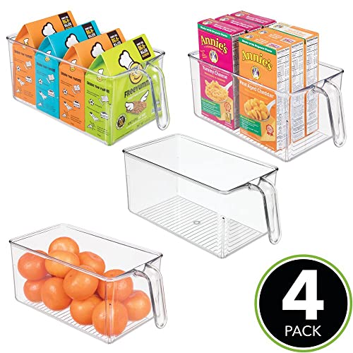  MDesign Plastic Kitchen Pantry Cabinet Refrigerator Storage Organizer Bin Holder With Front Handle - For Organizing Individual Packets, Snacks, Produce, Pasta - BPA Free - Medium, 4 Pack - Clear