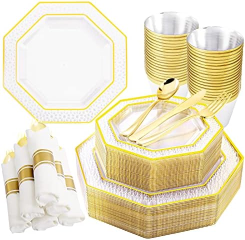  210PCS Gold Plastic Plates, Gold Disposable Dinnerware Set Includes 60 Gold & White Plates With Floral Design,30 Gold Plastic Silverware,30 Per Rolled Napkins,30 Gold Rim Cups For Mother's Day