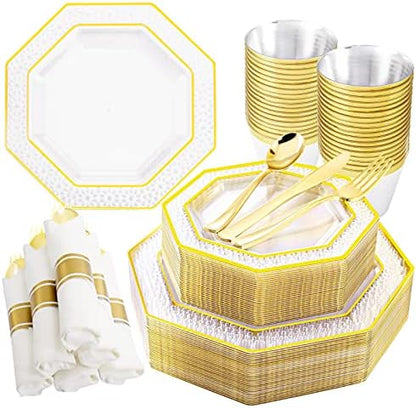  210PCS Gold Plastic Plates, Gold Disposable Dinnerware Set Includes 60 Gold & White Plates With Floral Design,30 Gold Plastic Silverware,30 Per Rolled Napkins,30 Gold Rim Cups For Mother's Day